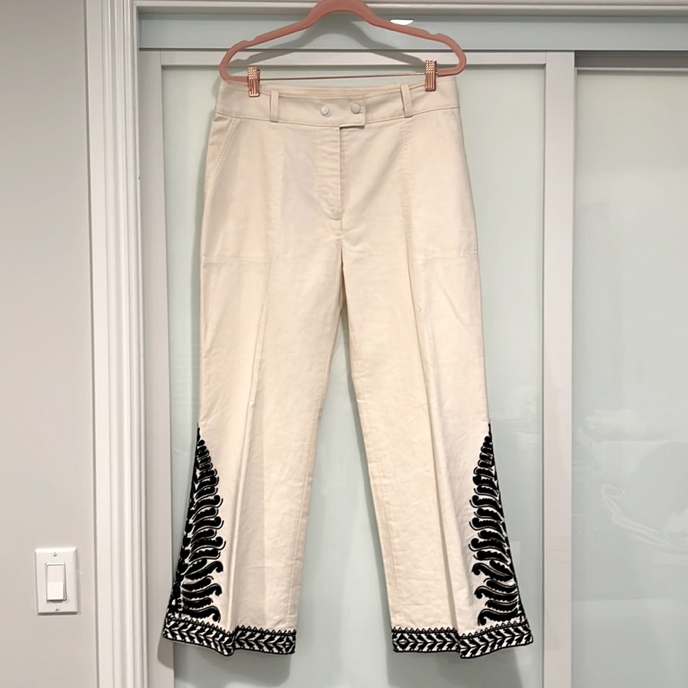 Tory Burch size 8 cream cotton embroidered and beaded pants